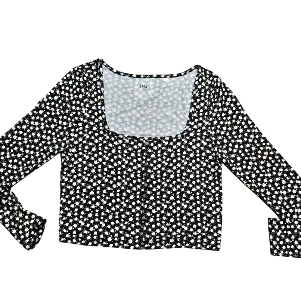 PAC Cares PacSun Black White Floral Print Square Neck Long Sleeve Crop Top M